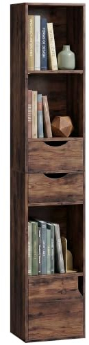 HOMCOM 158 cm Bookcase with Drawers, 3-Tier Bookshelf, Rustic Brown | Slim Storage Cabinet with Doors, Adjustable Shelf, for Bedroom, Living Room, Home Office