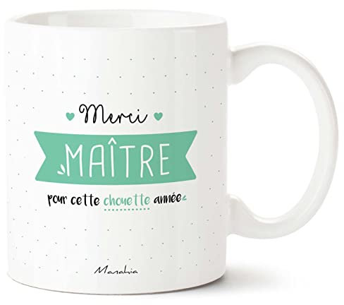 Manahia Mug Cadeau Maitre - Merci Maître pour cette chouette année - Avec Boite Kraft - 330 mL Céramique - Imprimé en France - Cadeau Ecole - Tasse Personnalisée Maître - Fête des Ecoles