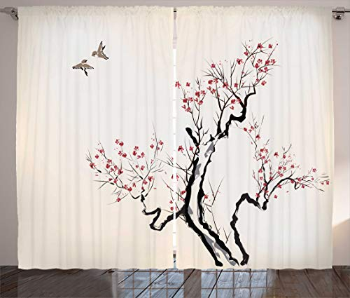 ABAKUHAUS Blumen Rustikaler Gardine, Klassische asiatische, Schlafzimmer Kräuselband Vorhang mit Schlaufen und Haken, 280 x 245 cm, Weiß Grau