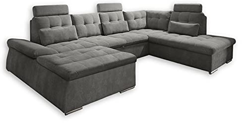 Stella Trading NALO Wohnlandschaft in U-Form, Stoffbezug Stone - Ausziehbares Sofa mit Schlaffunktion und Bettkasten - 324 x 107 x 170 (218) cm (B/H/T)