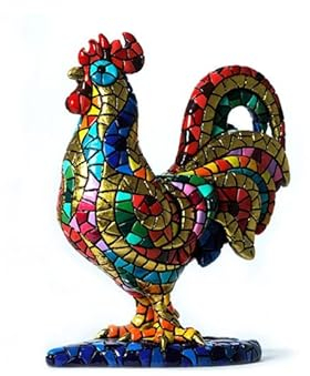 Laure TERRIER Hahnstatue aus Harz, Barcino-Mosaik, Kollektion Karneval. Objekt von Hand bemalt, signiert. Höhe 14 Zentimeter