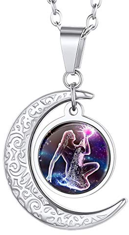 Suplight Customized Aquarius Zodiac Sign Pendhant, Star Constellation Necklace, Horoscope Jewelry for Women, Stainless Steel Astrology Necklaces, Moon Glass Pendant Necklace for Girls