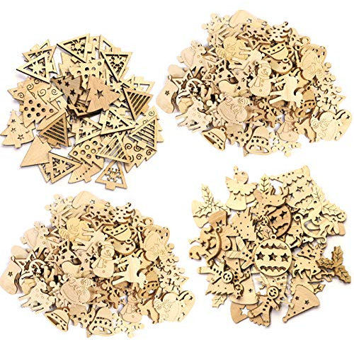 ToBeIT 200pezzi Mini ciondolo decorativo in legno, decorazione natalizia, mini albero di Natale, Babbo Natale, fiocchi di neve, dischi di legno, decorazione per fai da te, Natale (natur3)