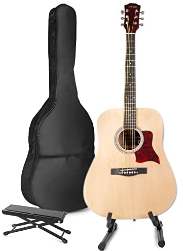 MAX SoloJam Akustik Gitarre Set - Westerngitarre, Gitarrenständer, Fußstütze, Gitarrentasche, Plektrum, Gitarrenstimmgerät, Schultergurt, Saiten, Gitarren-Starterset mit Zubehör - Natur