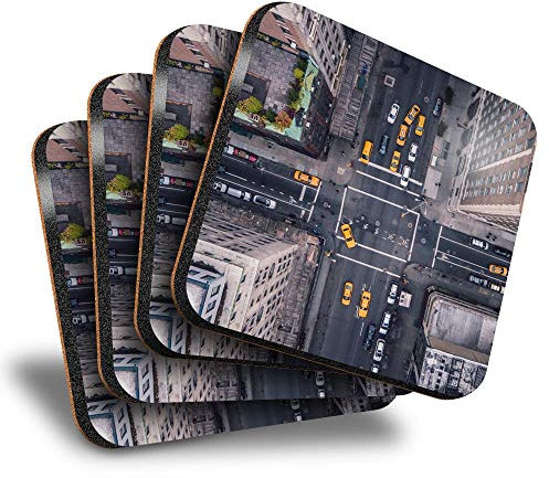 Destination Vinyl ltd Lot de 4 grands dessous de verre carrés – Avenue New York Taxi jaune – Dessous de verre brillants/protection de table pour tout type de table #13257