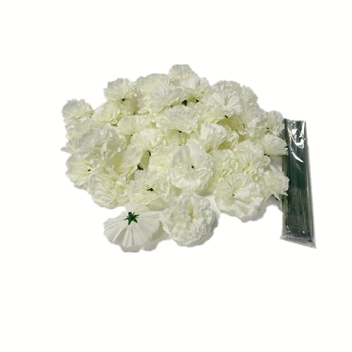 Rikyo Künstliche Nelkenköpfe aus Seide, mit Stielen für Hochzeit, Heimdekoration, Events, Partys, Kränze für Handgelenk, Blumenarrangement, 5 cm Nelkenköpfe mit 20 cm Stielen (weiß)