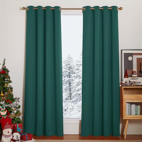 PONY DANCE Verdunklungsvorhänge mit Ösen Übergardinen Wohnzimmer 2er Set Dunkelgrüne Gardinen Blickdicht Thermo Vorhang gegen Hitze Blackout Curtains, H 200 x B 140 cm