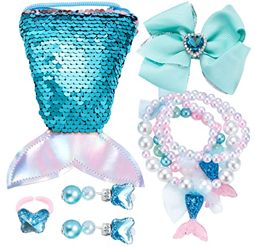 Berkelen Kinderschmuck Set für Mädchen, Meerjungfrau Kleine Mädchen Schmuckset mit Pailletten Geldbörse Meerjungfrau, Halskette, Ringe, Armbänder, Haarspange für Meerjungfrau Party Geburtstag Blau