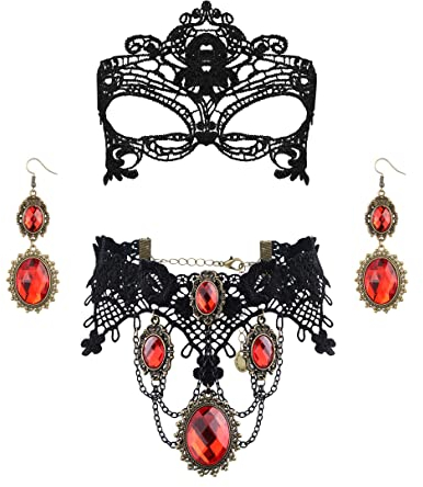 Finrezio Gothic Schmuck Set Halloween Schwarz Spitze Halskette und Ohrringe Set für Damen Gothic Rot Anhänger Spitze Choker Halloween Schmuck Set für Halloween-Kostüm Cosplay
