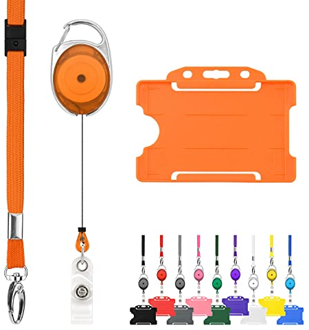 LanyardsTomorrow ausziehbares Lanyard & Ausweishalter 3er-Pack Set enthält ein einfarbiges Lanyard, einen ausziehbaren Karabinerhaken, einen Yoyo-Rollenclip und einen starren Ausweishalter (orange)