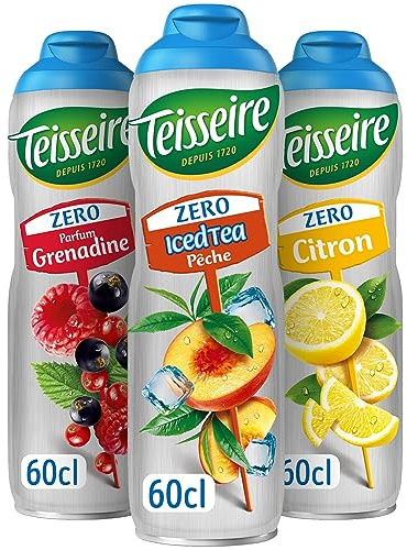 Lot de 3 sirops Teisseire Zéro Sucres (Iced Tea Pêche, Grenadine, Citron) pour Boisson Rafraîchissante, Cocktails, Bidon Recyclable 3x60cl
