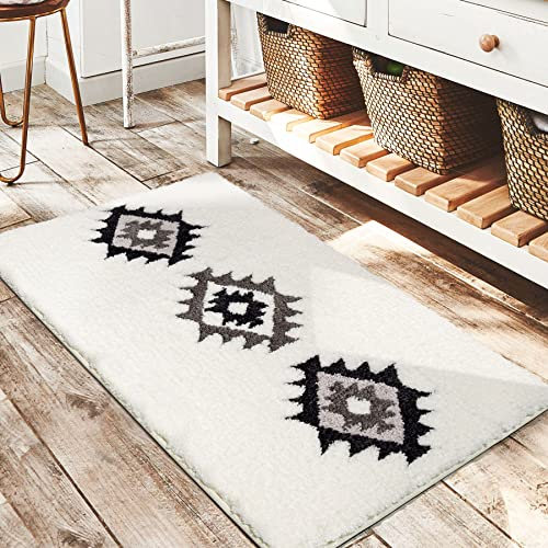 DEXDE Boho Badezimmerteppiche, schwarz-weiß, Badematte, rutschfest, marokkanisch, geometrisch, Badteppich, luxuriös, weich, saugfähig, Teppich für Badezimmer, Dusche, Bauernhaus-Dekoration, 50x81 cm