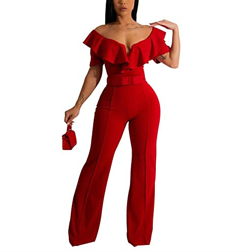 Eleganter Rüschen Overall Mit V Ausschnitt Damenmode Sexy Backless Party Jumpsuit Formelle Figurbetonte Einteilige Lange Hose Mit Gürtel (Color : Red, Size : S)