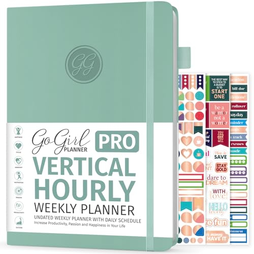 GoGirl Planer Pro Zeitplan – undatierter Planer mit stündlichen Zeitfächern, Monats-, Wochen- und Tagesplaner, Terminkalender für Zeitmanagement, 17,8 x 25,4 cm, Hardcover (Mint Cream, kleiner als A4