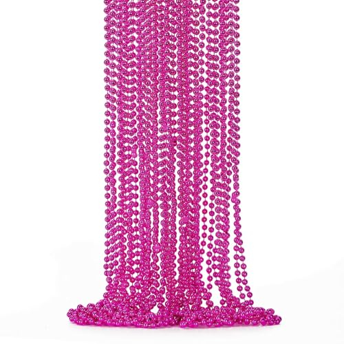 12 Stück Mardi Gras Perlen, metallische rosenrote Weihnachtsperlen-Halskette, Partygeschenke, 83,8 cm, Mardi Gras Halskette Damen Herren Sachen, Festivalparade Überwurf Zubehör für Hochzeit Geburtstag