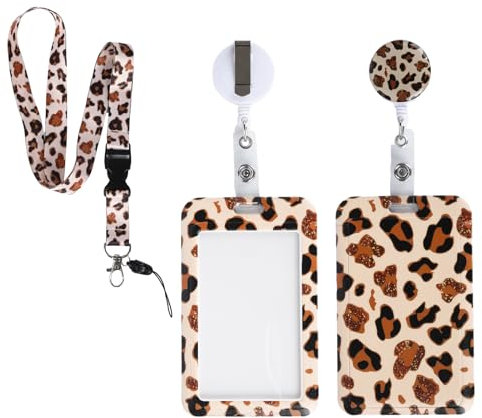 Porte Badge Tour de Cou avec Porte-cartes Porte Badge D'identification Lanière avec Swivel Clasp Porte-cartes avec Enrouleur de Badge Rétractable pour Femme Infirmière Enseignant (Imprimé léopard)