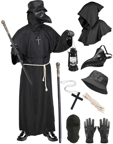 Geplaimir Pestdoktor Kostüm Herren Pestarzt Karneval Kostüm Plague Doctor Cosplay Outfit mit Pestmaske Zepter Hut Handschuhe Mittelalter Steampunk Pest Kostüm für Halloween Fasching G072XL