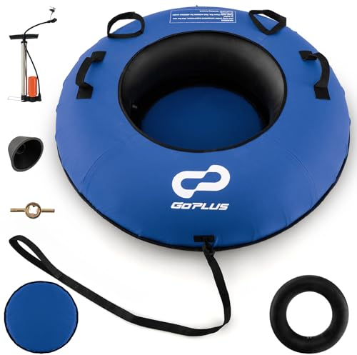 GOPLUS Aufblasbare Schlitten, Ø100cm Schneereifen mit Schleppleine & gepolstem Sitz, Snow Tube aus Oxford-Gewebe bis 200kg Belastbar, Rodelreifen Rutschreifen für Kinder & Erwachsene (Blau)