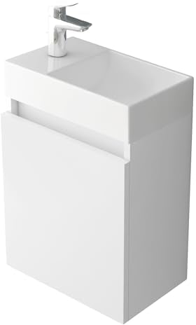Alpenberger Gäste WC Waschbecken mit Unterschrank 45 cm | Badezimmerschrank Schmal | Badmöbel Set Waschplätze für Kleine Bäder | Waschbeckenunterschrank (Weiß, Waschbecken - Rechte Seite)