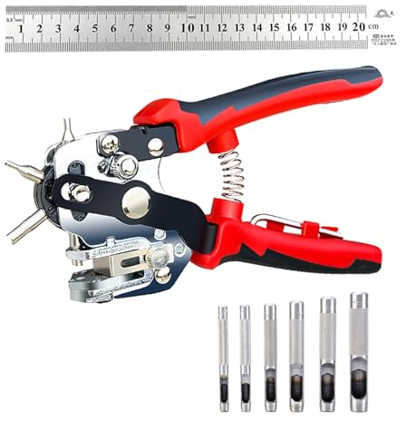 Pinza Buchi Cintura,Set di Pinze per Punzonatura a Bordo Dritto a Forma di V con Perforatore da 5/6/7/8/9/10 MM und Righello in Acciaio da 20 cm,Testa Girevole con Foro a V Solido a 6 Fori