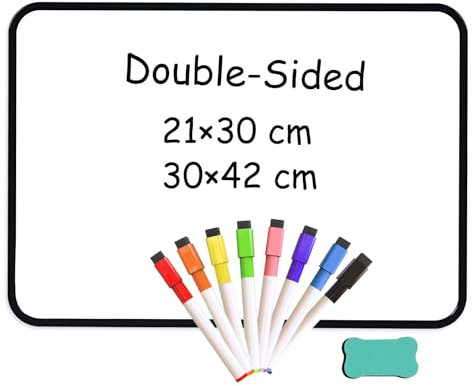 DOLLAR BOSS Double-Sided Whiteboard 21 x 30 cm, Magnetic White Board A4 Small Whiteboard Dry Erase White Board Mini Whiteboard, Portable White Board for Office School with 1 Eraser Black