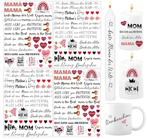 Profiqualität Kerzenfolie, Kerzen Tattoo Folie Muttertag,4 Stück Kerzen Aufkleber Kerzentattoo,Wasserschiebefolie Kerzen,Mama Wasserschiebefolie DIY Kerzen,Kerzensticker–Muttertag Kerzentattoos