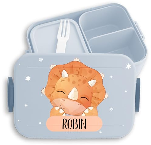 Bento Box Midi Lunchbox für Mepal Bentobox - Dino - Dinosaurier Brotdose Kinder mit Namen | Schulanfang Geschenk Einschulung Jungen | Kindergarten Geschenk - 900 ml - Hellblau - brotzeit