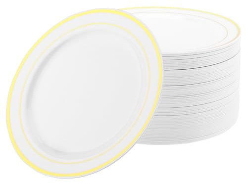 MOUYAT 60PCS Gold Rim Plastic Plates, 19cm Whit Elegant Plastic Plates, Reusable Party Dinner Dessert Plates for Wedding, Casual Gathering