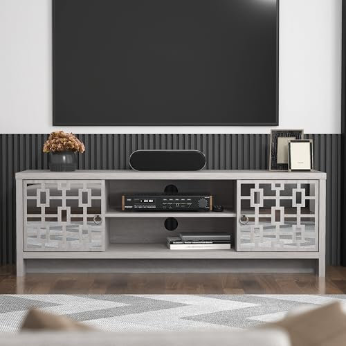 Galano Mollison 2 Door TV Unit with Acrylic Mirror – Entertainment Centre for up to 60 Inch TV – TV Stand Cabinet for Living Room with Large Storage (Dusty Grey Oak)