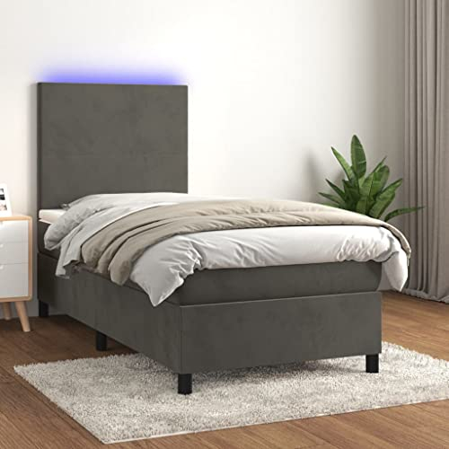 Keyroto Boxspringbett 90x200 Polsterbett 90x200 Doppelbett mit Matratze Boxspringbett Einzelbett Bett mit Kopfteil & LED Samt Dunkelgrau 90x200 cm