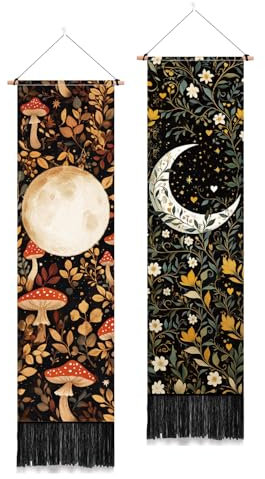 PLIGREAT 2er Pack Mond und Botanischer Wandteppich Mit Quasten - Vertikaler Böhmischer Wandbehang - Ästhetischer Floraler Pilz Wandteppich für Schlafzimmer, Wohnzimmer, Schlafsaal