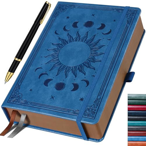 HwxBen Journal-Notizbuch für Frauen und Männer, 360 Seiten, PU Leder-Hardcover, Vintage Sonne & Mond Design, Blau, 14,5 x 21 cm, liniert