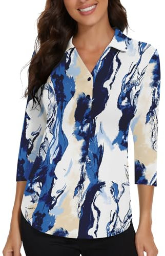 Soneven Blusa elegante para mujer, cuello de pico, camiseta deportiva con cuello, polo de manga larga, polo de golf, verano, camiseta transpirable, Impresión de crackle azul y blanco, L
