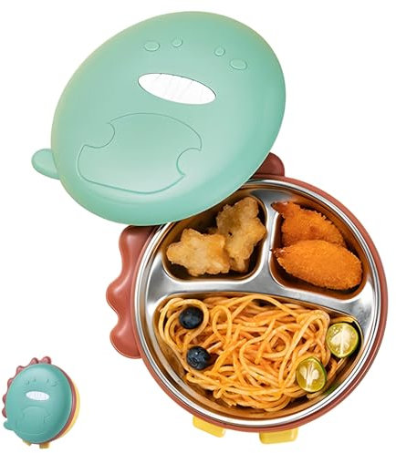 Guador Assiette Ventouse pour Bébé, Acier Inoxydable Enfants Vaisselles Assiette à Ventouse Assiette Bebe avec 3 Compartiments Assiette Ventouse pour Bébé Vaisselle Bébé Avec couvercle (Dinosaures)