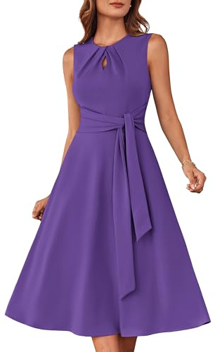 GRACE KARIN Women 2025 Summer Work Dress Sleeveless Tie Waist Elegant Party Cocktail A Line Flowy Midi Dresses with Pockets Purple M