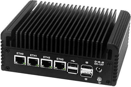 AIOPCWA N100 Mini PC Firewall Micro Appliance, Fanless Mini Computer mit 4 Port i226-V 2.5GbE LAN, OPNsense DDR5 8GB RAM 128GB NVMe SSD, USB-C, 4K 3-Display, 2-NVMe, 2-SATA, TF