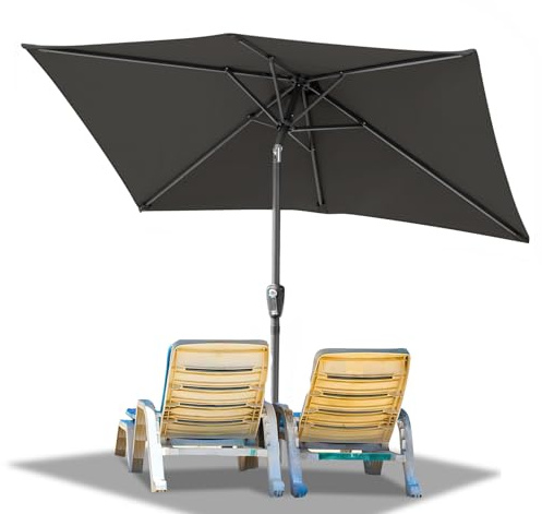 Ollewiellan Sombrilla de 210 x 140 cm, gris, con manivela, rectangular, para jardín, terraza, protección solar UV50+, plegable, impermeable, para jardín, terraza, sin soporte