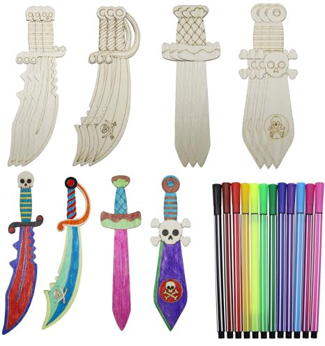 CONNECTION 16 Stück Piratenschwerter aus Holz mit 12 Farbige Stifte zum Bemalen Kreatives Piratensäbel Holzschwert Kinder Piraten Schwert Holzbastelset Geschenk für DIY Kinder Karneval Malen Deko