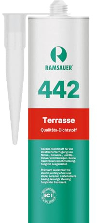 RAMSAUER 442 Terrasse - 310ml Kartusche, Spezial-Dichtstoff für die Anschluss- und Bewegungsfuge bei Natur-, Keramik-, und Betonwerksteinbelägen, Balkone und Terrassen (Zementgrau strukturiert MATT)