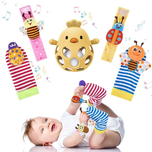 MCGMITT Jouet Sensoriel Bébé avec Son –Silicone Dentition Ensemble de Poignet et Chaussettes Hochet Pour Stimuler les Sens et Soulager la Dentition Sûr et Confortable Dès la Naissance Cadeau Bébé