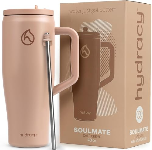 Hydracy Soulmate Vaso térmico con asa y pajita, a prueba de fugas 1,18L | Taza de viaje de acero inoxidable,tapa abatible sin BPA,apta para lavavajillas,compatible con portavasos