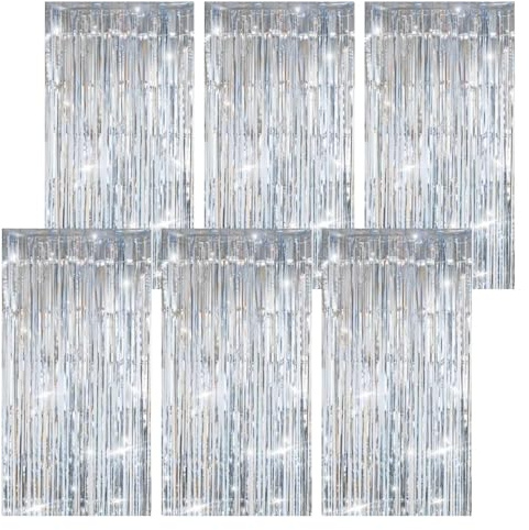GFUEIGJ Lametta Vorhang Silber 6 Stück Glitzervorhang Lametta 1m x 2m Folien Fransen Vorhänge Glitzer Vorhang für Party Deko Geburtstagsdeko Hochzeit Bühnendekor