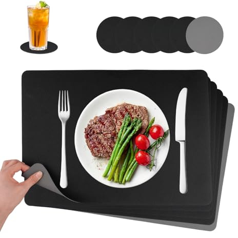 Inodiref 6er Set Tischsets Abwaschbar Platzsets Abwaschbar mit Untersetzer Doppelseitigen rutschfest Platzdeckchen Abwaschbars Hitzebeständig Platzdeckchen Lederoptik für Küche Restaurant 43x30cm