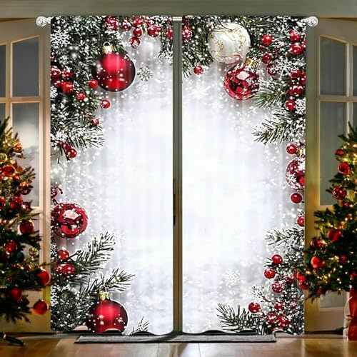 Generisch Weihnachten Halbtransparente Vorhänge, Drucken Voile Vorhang - Weihnachtsmuster aus Roten Kugeln, 2 Stück Schlafzimmer Kräuselband Vorhang, für Weihnachtsdekorationen (75 * 165cm)