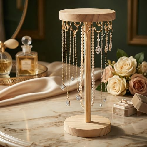 Kettenständer Schmuck mit 12 Haken, Drehbar Schmuckständer holz Tragbar, drehbarer Kettenhalter schmuck, schmuckhalter, ketten aufbewahrung für Ringe Ohrringe, Zuhause, Schlafzimmer oder Schminktisch