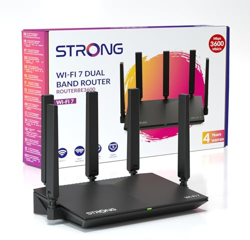 STRONG BE3600 Dual-Band Routeur Wi-FI 7, Jusqu'à 3,6 Gbit/s, MLO, Routeur Wi-FI Internet, Ports 2,5G WAN & Gigabit LAN, 5 Antennes Externes, Gestion App, Contrôle Parental, WPA3, TWT, IPv6