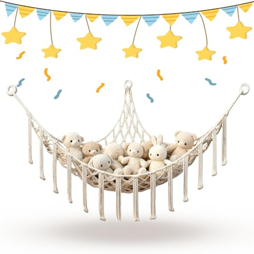 Aufbewahrungs Kuscheltier,Boho Makramee stofftier Hängend Spielzeug Organizer Hängematte für Kuscheltiere Teddy Eckspielzeug Netz Aufbewahrungsnetz für Kinderzimmer（Beige）