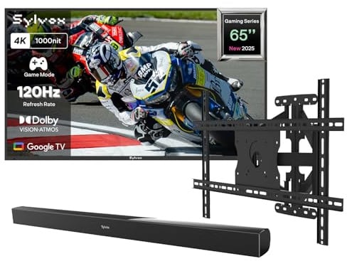 SYLVOX Outdoor TV with Cover & Wall Mount & Soundbar, 65 Inch 120Hz 4K Gaming TV - 1000nits Sunlight-Readable, IP55 Waterproof, Dolby Vision & Atmos, HDMI 2.1, USB 3.0, Google Assistant