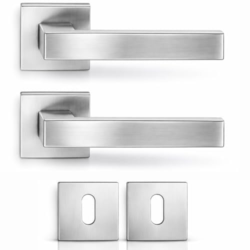 DACAN PROTECTION Maniglie Porte Interne con Rosetta 50 mm, Coppia Maniglia Porta Interna Design Moderno, Set Completo per Porte Legno, Installazione Facile (Cromo Satinato)