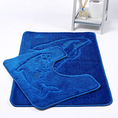 Night Zone Dolphin Bath Mat Set 2 Piece Non Slip Pedestal and Bath Mat Set Toilet Bathroom Rug (Royal Blue)